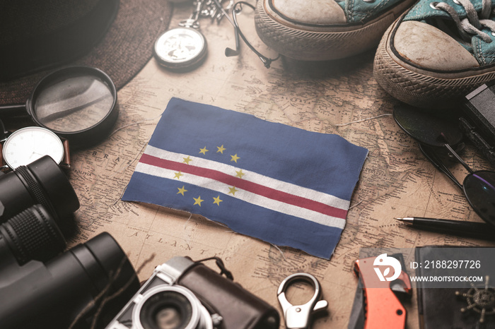 Cape Verde Flag Between Traveler’s Accessories on Old Vintage Map. Tourist Destination Concept.