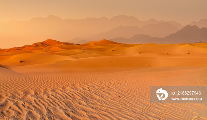 Panoramic view of orange sand dune desert with orange mountains and hill - Namib desert, Namibia