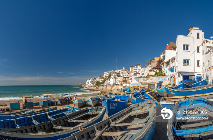 Agadir, Taghazout, Morocco, North Africa [Taghazout old traditional town, beach with fishing boats and hotel resorts]