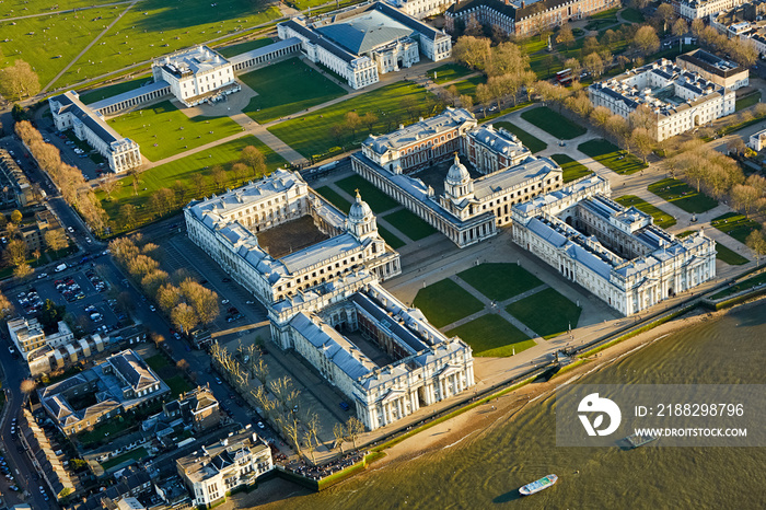 Aerial view of the ’Old Royal Naval College’ designed by Sir Christopher Wren in Greenwich