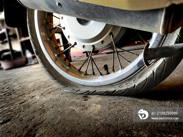 closeup Dirty wheel motorcycle flat tire