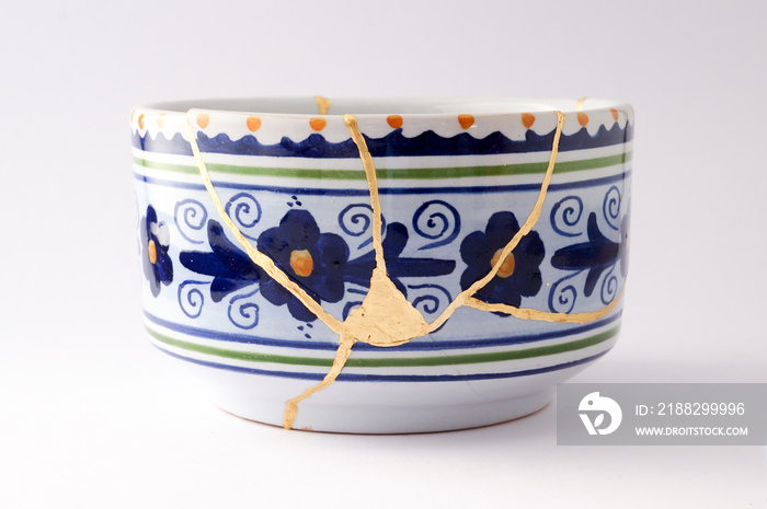 Vintage Italian pottery restored with kintsugi technique.