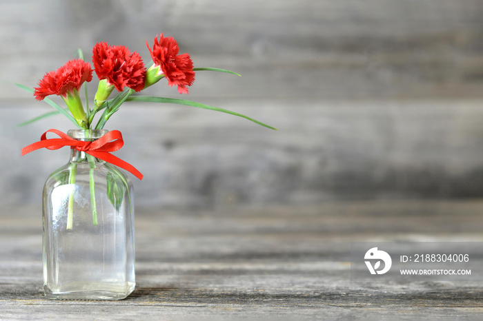 Red carnation flowers in vase on wooden background