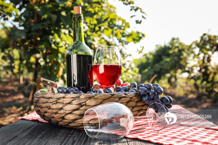 葡萄园木桌上一瓶一杯的红酒配新鲜葡萄