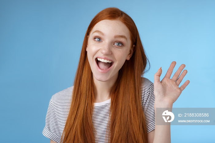 Hello wanna be friends. Enthusiastic cute redhead female newbie getting know coworkers smiling happy