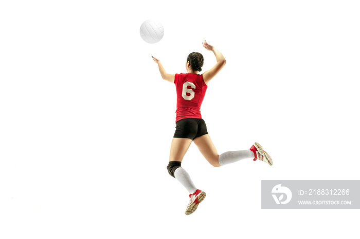 Female professional volleyball player isolated on white with ball. The athlete, exercise, action, sp