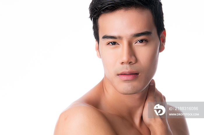 Portrait of Handsome young asian man on white background. Concept of mens health and beauty, self-c