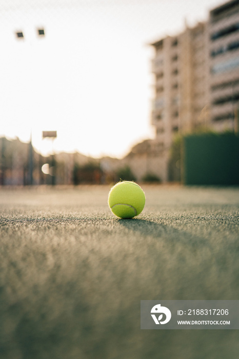 Padel ball on a green court in the sunset