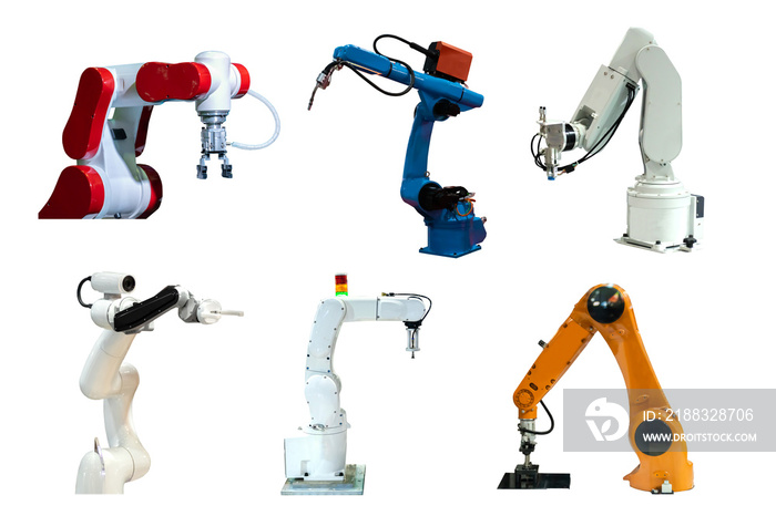 未来收集机器人机械臂和相机，工作而不是人类白色背景