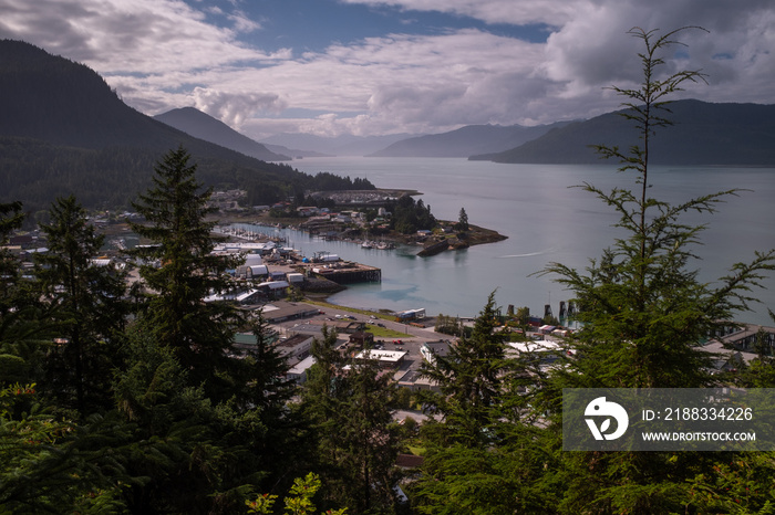 A view from the top of Mt Dewey of the remote township of Wrangell in Alaska, long exposure to smoot