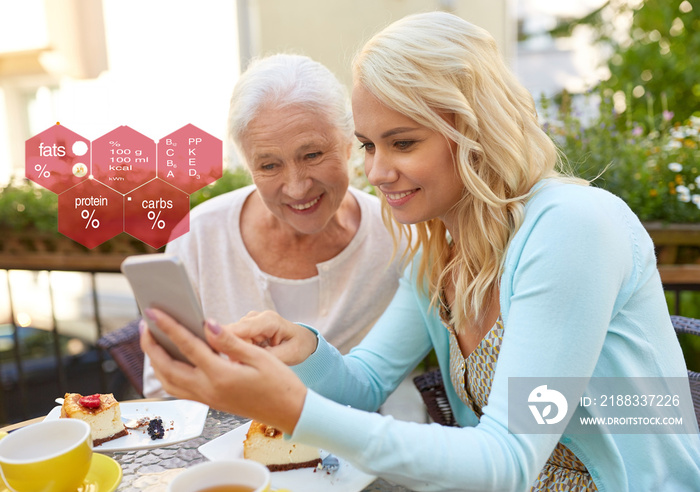 eating, technology and people concept - happy smiling young daughter and senior mother with smartpho