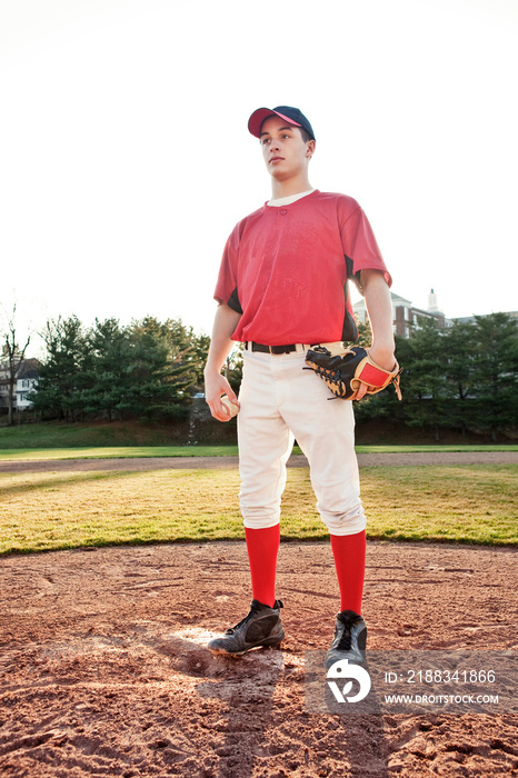 Portrait of Young Baseball Pitcher (14-15 ) on Mound