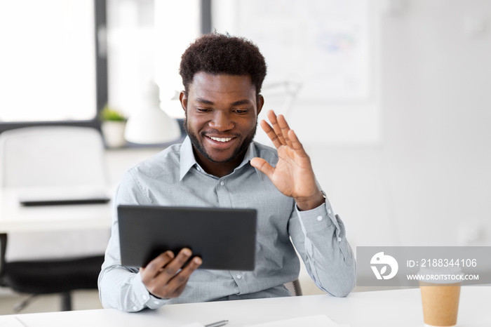 business, technology and communication concept - happy smiling african american businessman having v