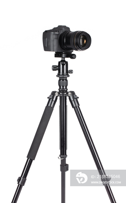 Camera on tripod isolated on a white background.