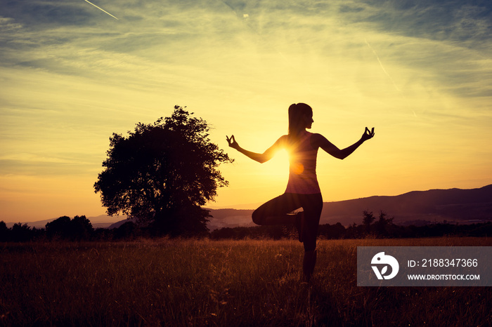 日落时在草地上练习瑜伽的年轻运动女性，侧影