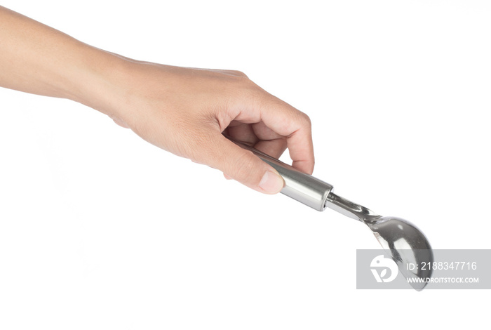 Hand holding Ice cream scoop isolated on white background.