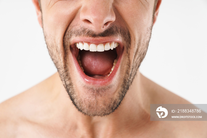 Cropped photo closeup of excited naked man screaming at camera with emotional face