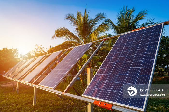 power solar panel for agriculture in a rural houses area Agricultural fields blue sky background,Agr