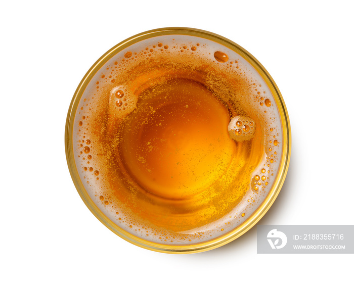 top view of beer bubbles in glass cup on white background.