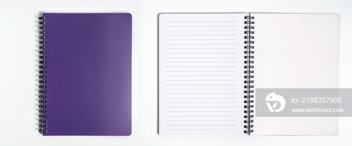商业理念-俯视收藏螺旋牛皮纸笔记本正面，紫色和白色打开页面是