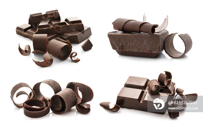 Pieces of chocolate with curls on white background