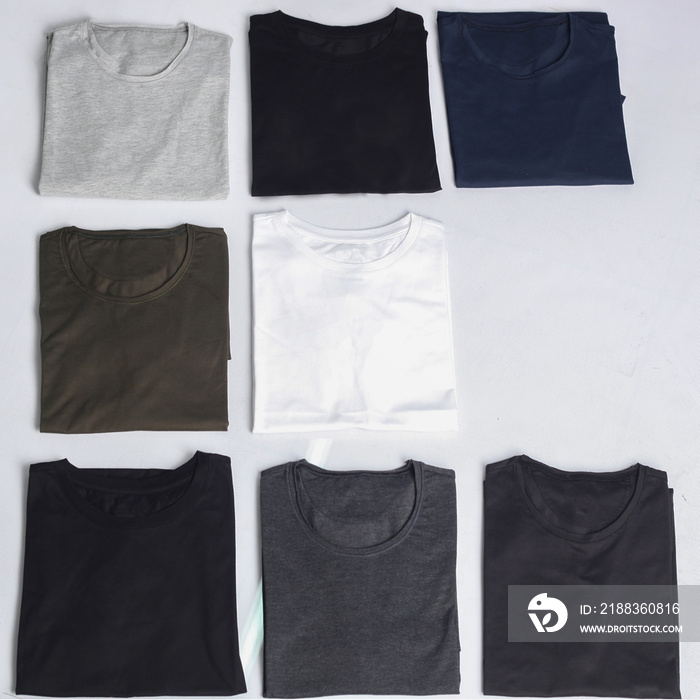 collection of t-shirts isolated on white background. Flat lay tees template
