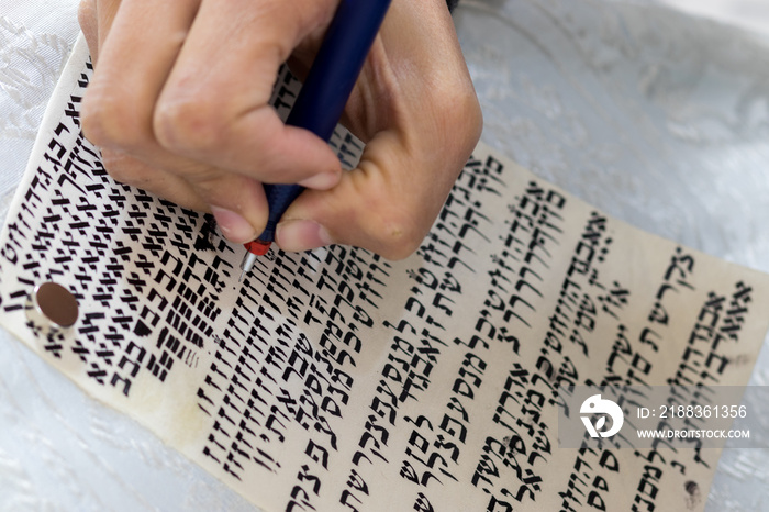 A writers hand practices decorating letters from a Torah scroll written on parchment in Hebrew, (fo