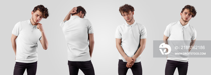 White polo mockup, on young stylish guy, front and back view, isolated on background.