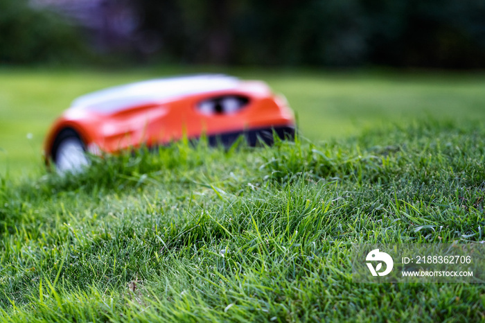 Automatic lawn robot mower drives up to the grass slope, lawn. Intentionally blurred mower. Close up