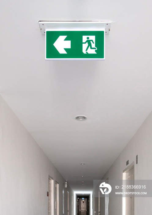 Fire exit sign. Emergency fire exit door exit door on ceiling.