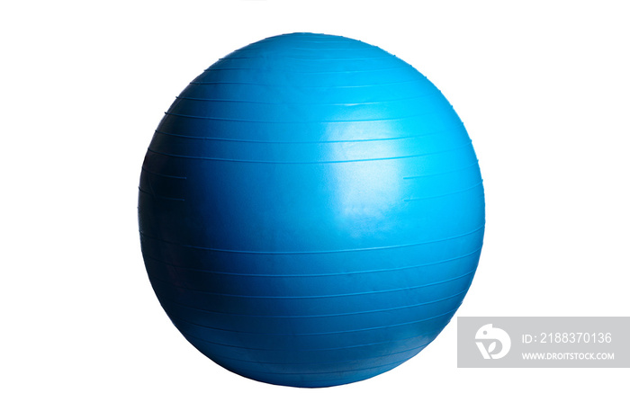 白色背景下隔离的蓝色健身球特写