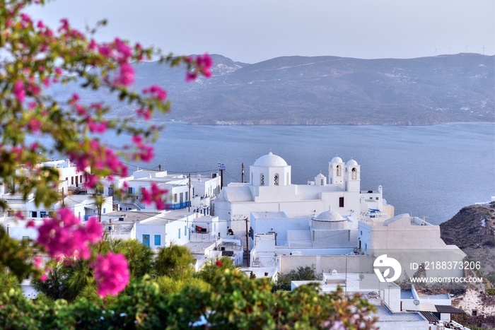 Panoramic view of Plaka village ( capital  of Milos island) and the bay of Milos, Cyclades, Greece