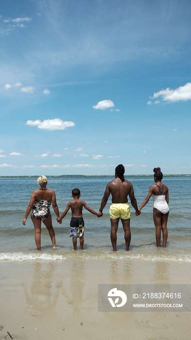 美国，海滩上一家人牵手的后视图