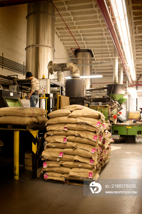 Man operating machinery in coffee factory