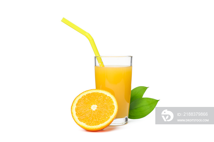 Glass of fresh orange juice with tubule, orange and leaves isolated on white background. Fresh natur