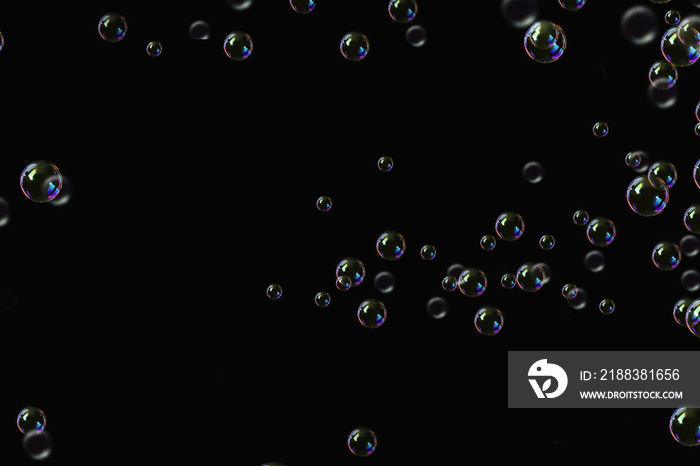 transparent bubbles soap pattern overlay abstract particles splashes of water on black.