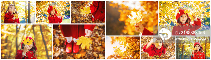 拼贴画和秋季儿童照片。选择性对焦。