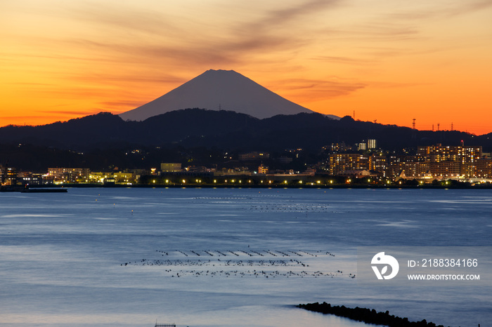 横須賀市走水から横須賀港越しの夕焼け富士山