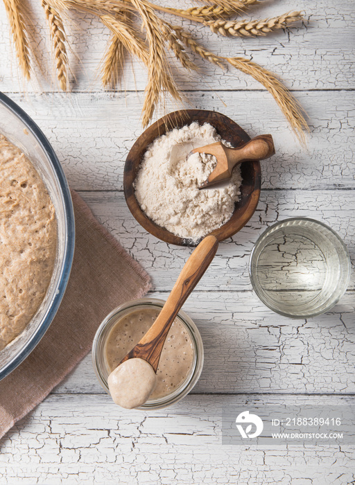 The leaven for bread is active. Starter.sourdough ( fermented mixture of water and flour to use as l