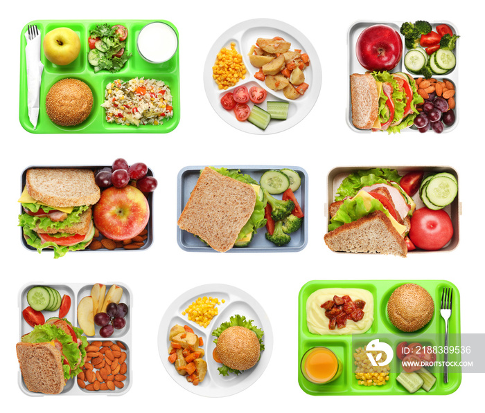 Set of serving trays and boxes with food for school lunch on white background