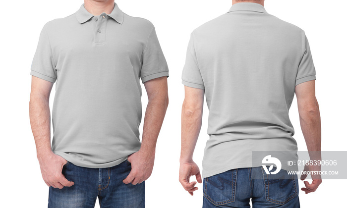 Shirt design and people concept - close up of man in blank grey t-shirt front and rear isolated. Cle