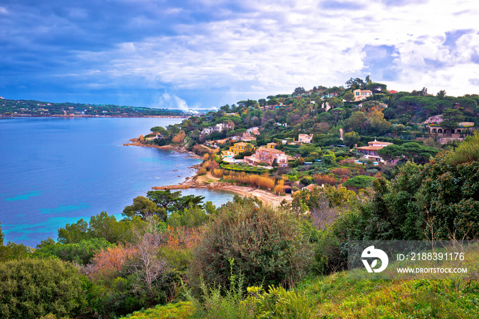 Saint Tropez luxurious coastline and green landscape view, famous tourist destination on French rivi