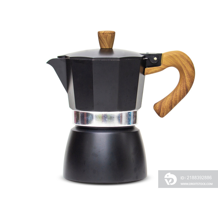 Moka pot coffee pot metal black italian espresso maker isolated on white background. Moka coffee old