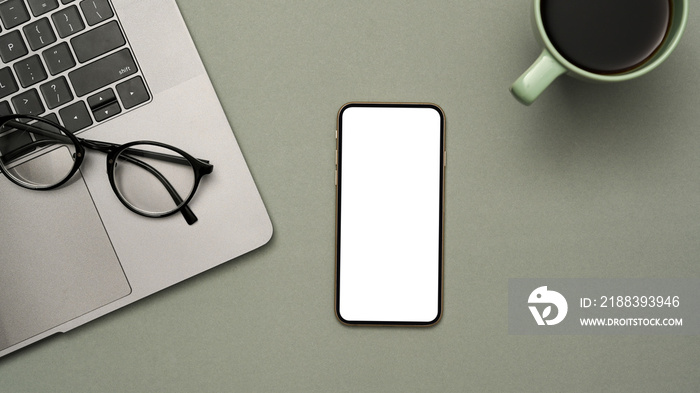 Simple workspace office desk top view, flat lay with smartphone mockup