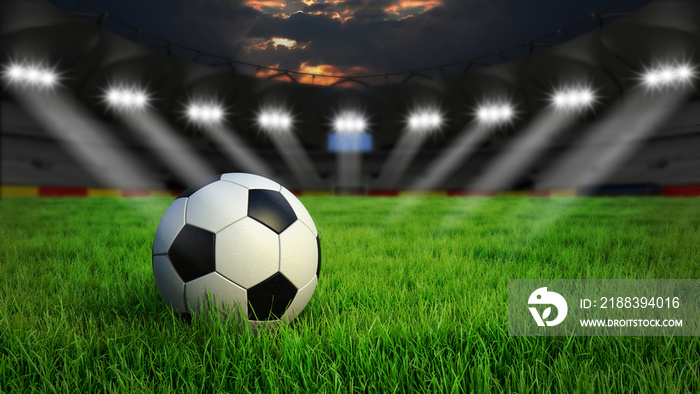 Fußball auf Rasen im Stadion bei Nacht mit Scheinwerfern, 3D Rendering