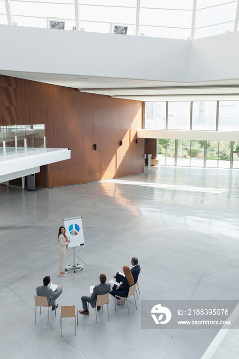 Businesswoman leading meeting at flipchart in modern lobby