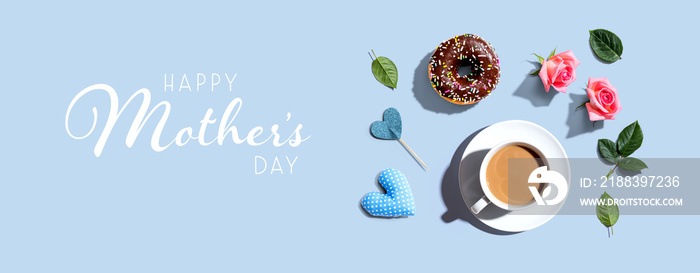 Happy mothers day message with a cup of coffee and a donut