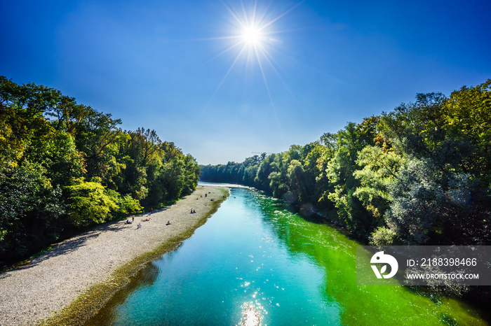 View on Turquoise isar river in Munich, Germany