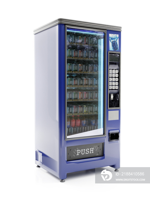 3d rendering of blue soda vending machine on white