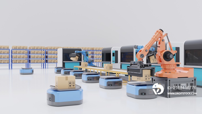 Factory Automation with Automated Guided Vehicle and robotic arm,3D rendering